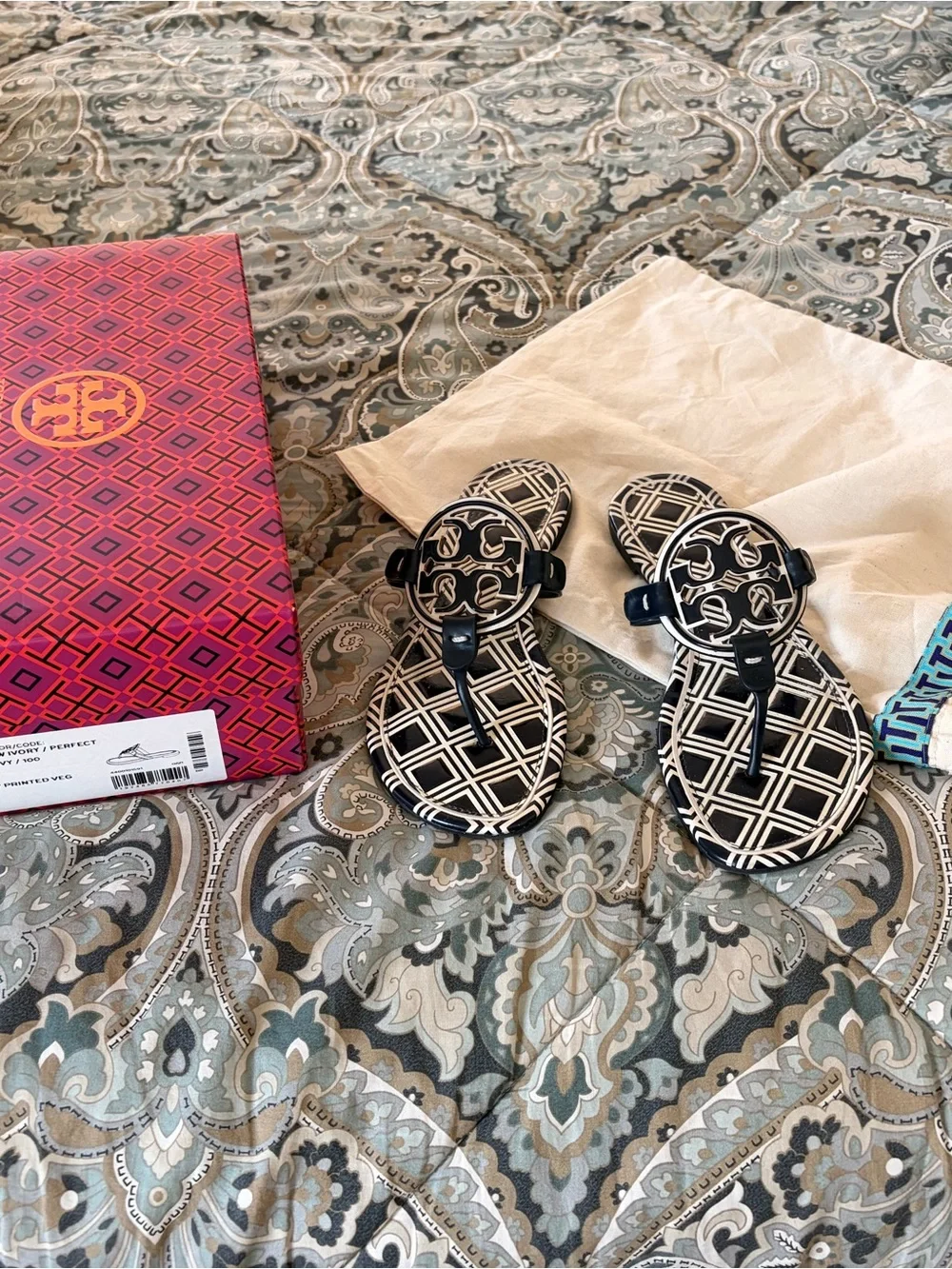 Tory Burch Navy and White Metal Miller Geometric Logo Thong Sandals